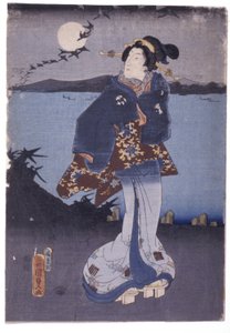 Kvinne ved innsjøen ser på fullmåne og fallende gjess (fargetresnitt) av School Japanese