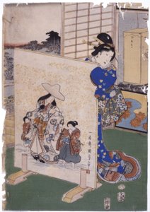 Kvinne står bak Tsuitate med maleri S. "Kunisada" (fargetresnitt) av School Japanese