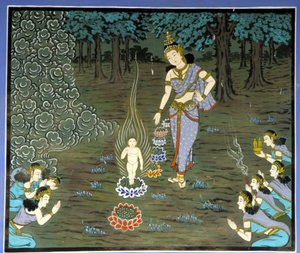 Buddhas fødsel. Fresco i Yongju-tempelet, Suwon-regionen, Korea. av School Korean