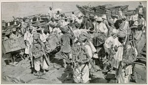 Koreanske portører i Chemulpo-havnen (Sør-Korea), løsner søppelet - Illustrasjon etter et fotografi fra 1800-tallet av J. de Pange, Fra Travel in Korea av doktor Hagen av School Korean