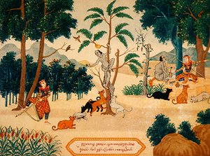 Illustrasjoner av buddhistiske historier, ca. 1920 (farge litho)