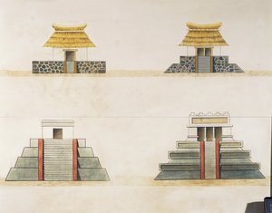 Historisk rekonstruksjon av bygninger i Tenochtitlan (farge litho)