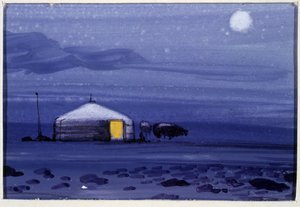 Mongolsk jurte, natt - mongolsk akvarell av School Mongolian