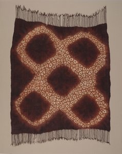 Kvinnes hodekledning ("taritat eller tarredat"), sent på 1800-tallet (ull; vanlig vev, motstandsfarget og malt)