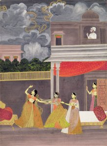En dame hentet inn fra en storm om natten: illustrasjon fra den musikalske modusen Madhu Madhavi, ca. 1760 (gouache på papir)