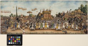Akbar Shah II rir på en elefant i en enorm prosesjon, ca. 1835 (ugjennomsiktig akvarell og gull på elfenben)