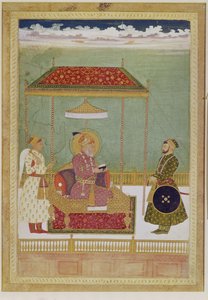 Portrett av Shah Aurangzeb med en mann, muligens Ashraf Khan, tidlig på 1700-tallet (ugjennomsiktig akvarell, blekk og gull på papir)