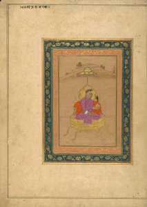 Den tredje Mughal-keiseren Akbar satt på den kongelige tronen mens han holdt kronen