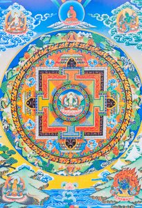 Chenresi mandala; den midtre figuren skildrer medfølelsens Buddha, den himmelske manifestasjonen av Amitava Buddha, alltid nær lidende vesener (gouache på tøy)