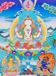 Bilde som viser Chenresi, herren over de seks stavelsene "Om Mani Padme Hum" (gouache på tøy) av School Nepalese