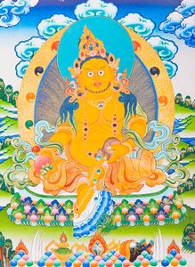 Bilde som viser Dzambhala, den gule Dzambhala er manifestasjonen av Buddha Ratnasambhava som symboliserer rikdom i den materialistiske verden (gouache på tøy)