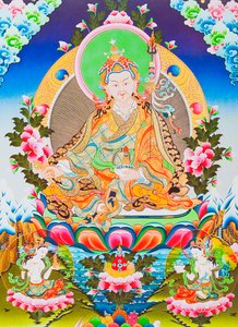 Bilde som viser Padmasambhava eller guruen Rimpoche, den guddommeliggjorte apostelen av tibetansk tantrisme som sies å ha fått kontroll over demoner og ånder (gouache på tøy)