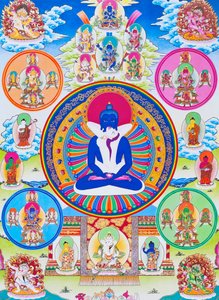 Bilde som viser Samantabhadra, sammen med sin kone, symboliserer enhet med det absolutte (gouache på tøy) av School Nepalese