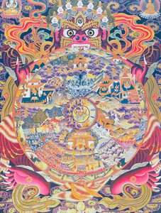 Bilde som viser livets hjul, som viser Kalachakraen eller den villede eksistensen holdt i munnen til Yama, dødsguden som representerer fødsel, død og gjenfødelse (gouache på tøy) av School Nepalese
