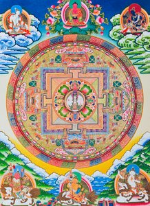 Mandala med tusen armer Avalokiteshvara; den hellige, magiske sirkelen som viser den elleve hodede Bodhisattvaen som symboliserer uendelig medfølelse (gouache på tøy)