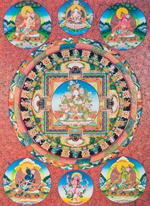 Hvit Tara Mandala; den syvøyede kvinnelige guddomen til det buddhistiske panteonet som representerer medfølelsens gudinne og menneskets beskytter (gouache på tøy)