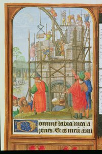 Legg til 35313 f.34 Bygningen av Babelstårnet, Brugge eller Gent, ca. 1500 (vellum) av School Netherlandish