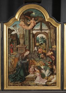 Tilbedelse av hyrdene (midtpanel av en triptyk) av School Netherlandish