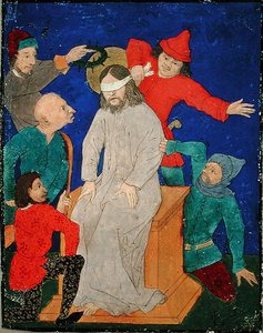 Christ Mocked (gouache & svart blekk & maling på pergament) av School Netherlandish