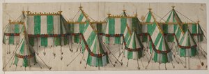 Cotton Augustus III, f.19 Design for en kongelig paviljong i Tudor-fargene hvitt og grønt, sies å være for Henry VIII på Field of the Cloth of Gold av School Netherlandish