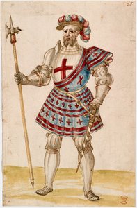 Cotton Augustus III, f.25, A knight with pole-hammer (vellum)   1352086   no       norwegian Successfully Translated  Original: Angel, flying, with cup and wine flask (Ink, color wash and gold on paper) Translat: Angel, flying, with cup and wine flask (Ink