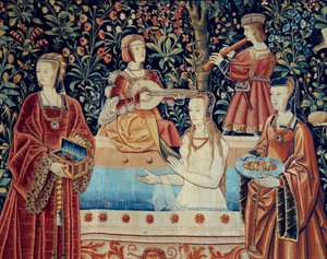 Curtain of the Lordship Life: the Bath. Detalj. Ull- og silketeppe laget rundt 1520 i Nederland. Søn 2,8x2,6 m Paris, middelalderens nasjonalmuseum, Thermes de Cluny