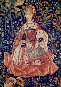 Oppheng av seigneurialt liv: Broderi. Detalj. Ull- og silketeppe laget rundt 1520 i Nederland. Paris, Nasjonalmuseet for middelalderen, Thermes de Cluny