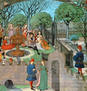 Harl 4425 f.12v Hagescene, elskeren og damen Oyseuse (Lediggang) utenfor hagemurene, fra 