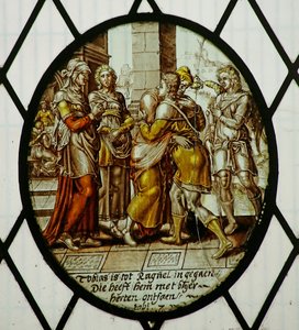Roundel: Tobias ankommer Ecbatana (farget glass) av School Netherlandish