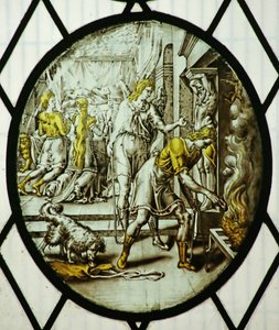 Roundel: Tobias brenner fiskens lever (farget glass) av School Netherlandish