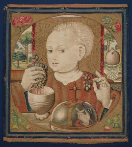 The Infant Christ Pressing the Wine of the Eucharistie, ca. 1500 (linvarp, ull, silke og forgylt veftgarn) av School Netherlandish