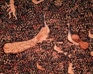 Gardinen til Seigneuriale Life: detalj som viser fugler, påfugl. Ull- og silketeppe laget rundt 1520 i Nederland. Søn 2,6x3,7 m Paris, middelalderens nasjonalmuseum, Thermes de Cluny av School Netherlandish