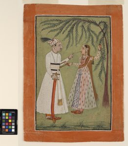 En linjal som trekker en hårlokk av en dame som holder fast i et tre, ca. 1705 (ugjennomsiktig akvarell og gull på papir)