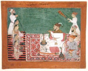 Rajah Deep Chand og venner som røyker vannpipe, Bijapur, ca. 1760 (gouache på papir)