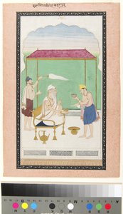 Ranjit Singh sittende på en gullstol, deltatt av en morkisk bærer og servert med, ca. 1830 (ugjennomsiktig m/c og gull på papir)