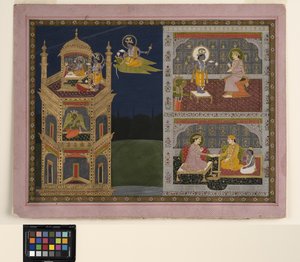 Vishnu nærmer seg et gyldent tårn på Garuda, ca. 1825 (ugjennomsiktig akvarell og gull på papir)