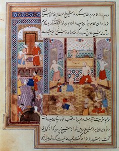 Gruppe menn i en hammam persisk miniatyr fra manuskript 2743, Paris, B.N.