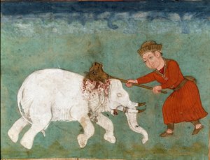 Islamsk kunst: Rostam (eller Rustam) mytiske helter og sønn av Zal dreper den hvite elefanten. Persisk miniatyr fra et manuskript av det episke diktet "Shahnameh"" (Shah Nama, Shahnama) (Kongenes bok) av Ferdowsi (Firdawsi, eller Ferdawsi, eller Firdousi, 