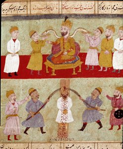 Islamsk kunst: en konge representerer på toppen, med sine følgeslanger matet av hoffmennene, under en scene for tortur av en fiende. Persisk miniatyr fra et manuskript av det episke diktet "Shahnameh"" (Shah Nama, Shahnama) (Kongenes bok) av Ferdowsi (Fird
