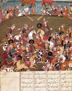 Islamsk kunst: kampscene. Persisk miniatyr fra et manuskript av det episke diktet "Shahnameh"" (Shah Nama, Shahnama) (Kongenes bok) av Ferdowsi (Firdawsi, eller Ferdawsi, eller Firdousi, ca. 940-rundt 1020) Biblioteca Nazionale Naples