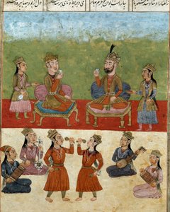 Islamsk kunst: konsert og underholdning i et harem. Persisk miniatyr fra et manuskript av det episke diktet "Shahnameh"" (Shah Nama, Shahnama) (Kongenes bok) av Ferdowsi (Firdawsi, eller Ferdawsi, eller Firdousi, ca. 940-rundt 1020) Bibliote av School Persian