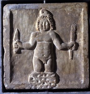 Representasjon av Mitra (eller Mithra), en iransk guddom, født fra en stein. Lav lindring. Han er representert og deler et måltid med Sol. De konservatives palass, Roma.