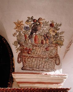 Kurv med blomster fra Patio de las Naranjas (veggmaleri) av School Peruvian