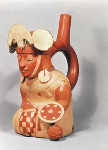 Mochican stirrup vase in the shape of a warrior, 300-800 AD (terracotta)