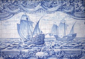 Karaveller på 1400- og 1600-tallet, azulejos, rundt Lisboa, Portugal.