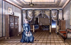 En spinster i et nyklassisk stueinteriør, ca. 1835 (akvarell med forhøyning på papir) av School Russian