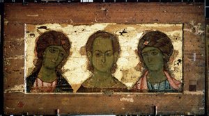 Kristus Emmanuel omgitt av erkeenglene Mikael og Gabriel (Kristus Emmanuel med erkeenglene Mikael og Gabriel). Russisk ikon, tempera på tre, slutten av 1100-tallet. Kunsten til Vladimir (Russland). Statens Tretyakov-galleri, Moskva (Russland). av School Russian