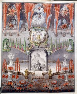 Fyrverkeri og belysning 17. september 1747 i Gostilitsy (Russland). Anonymt verk, kobberstikk farget i akvarell, midten av 1700-tallet. russisk kunst av School Russian