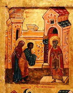 Ikon som viser Joachim og Anna som besøker tempelet i Jerusalem, ca. 1550 (tempera og bladgull på panel) (detalj av 314500) av School Russian