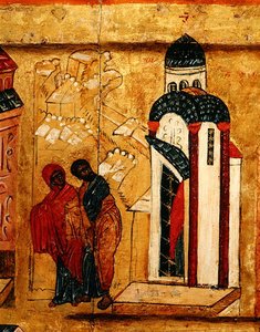 Ikon som viser at Joachim og Annas gaver blir avvist på grunn av deres barnløshet, ca. 1550 (tempera og bladgull på panel) (detalj av 314500) av School Russian